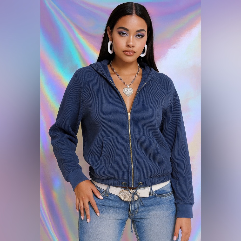 Juicy Couture Navy Waffle-Knit Zip Hoodie Y2K Streetwear Size Large Sweatshirt